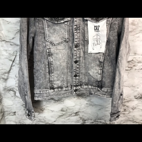 CR7 Cristiano Stone Grey Distressed Trucker Jacket - Picture 2 of 7